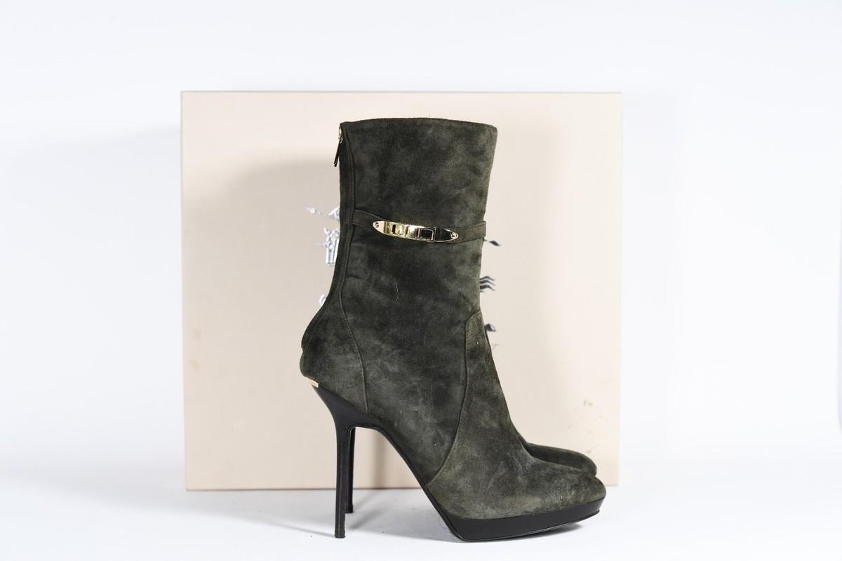 Burberry Olive Suede Ankle Boots with Gold Accents Size 37.5 