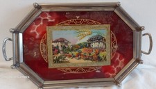 Vassoio antico Alsazia-TROIS-EPIS- vetro grattato argentato rosso vino Francia