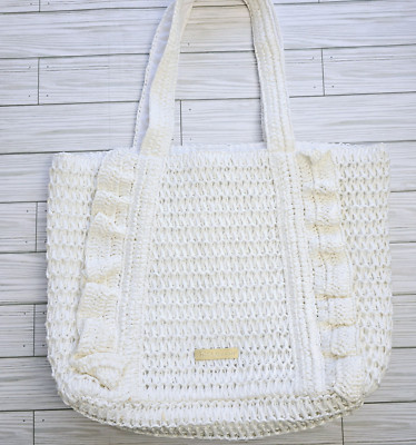 Bright White Crochet Bag -  Square Shoulder Ruffle Tote Bag