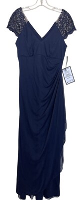 XSCAPE Dress Womens Size 10 P Blue Lsce Embroidered Ruching