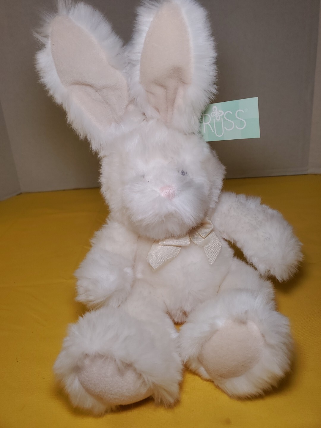 Russ Berrie Plush Bunny Roaker White Rabbit Bow Easter Toy Posable Ears 14