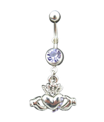 Dangle Belly Button Ring Irish Claddagh Crown Heart Purple Gem Surgical Steel 