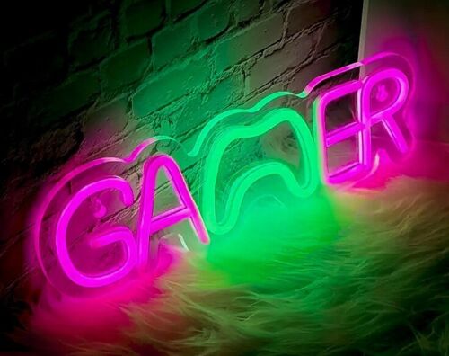 LED Gamer Neon Sign  Game Room Light Up Wall Decor Green Pink Controller GamePad - Picture 1 of 5