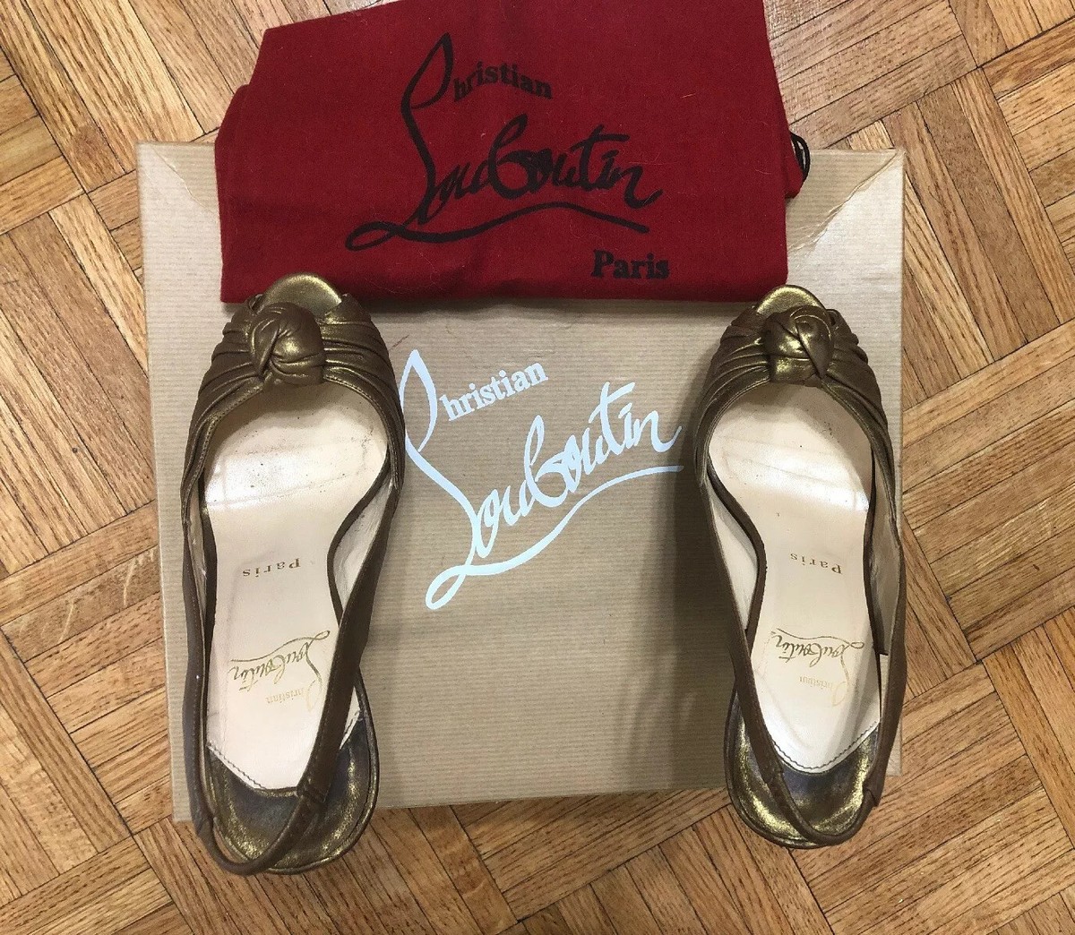 Louboutin Gold Jenny 150 Slingback Peep Toe Platform Pumps