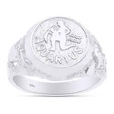 Mens Zodiac Sign Charm Nuggets Ring W/ Spelling 14k White Gold Plated Sterling