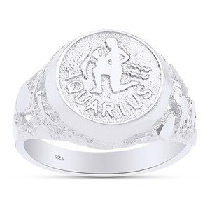 Authentic Mens Zodiac Sign Charm Nuggets Ring W/ Spelling 14k White Gold Plated Sterling