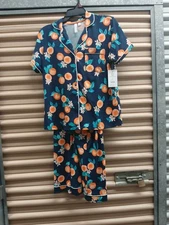 Joyspun Notch Collar Pajama Set Women's Size Small (4-6) Navy Print NWT