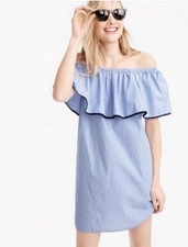 J.Crew Cotton Ruffle Tipped Off-the-Shoulder Shift Dress Blue Size Small G0263