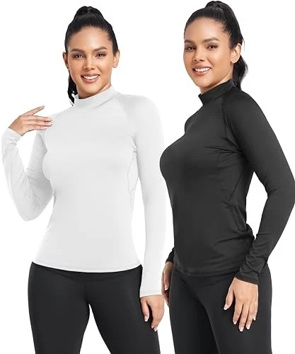 TELALEO 4 PACK WOMEN THERMAL LONG SLEEVE TOPS MOCK NECK SHIRTS FLEECE BLACK/WHT