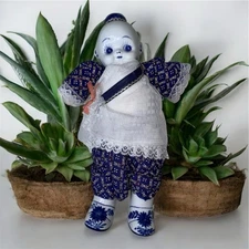 Vtg Cute Chinese Asian Doll Blue & White Ceramic/Porcelain Boots Hands Head