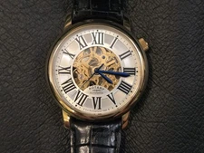 WORKING Rotary Automatic GS10033 Skeleton Watch Leather Band Gold