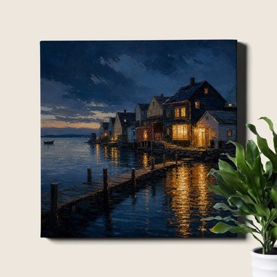 Coastal Village at Dusk Wall Art Waterfront Lights Reflection Scene