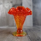 Vintage Fenton Small Hobnail Amberina Orange Yellow Trumpet Vase Ruffled Edge 4"