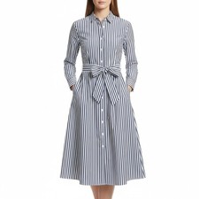 J.Crew Women's 2 NWT Navy White Striped Belted Cotton Midi Shirt Dress Preppy