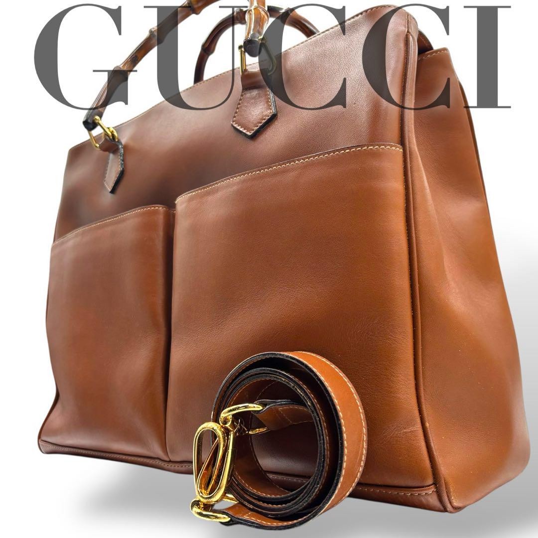 Gucci Vintage Bamboo Two-Way Shoulder Tote in Camel Leather