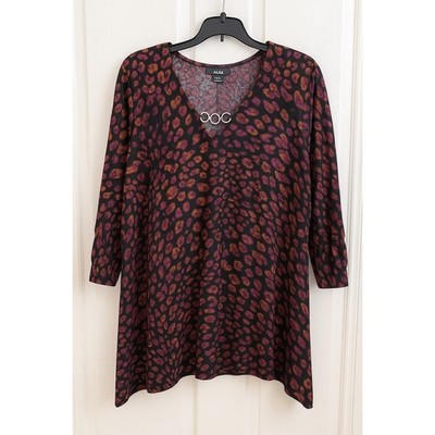 Alyx Plus 1X Leopard Print Tunic Top Ring Detail V Neck 3/4 Sleeve Stretch