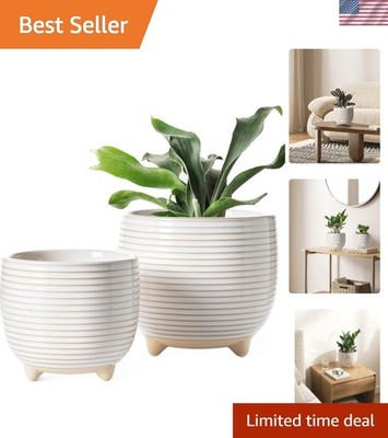 Durable 2-Pack Footed Ceramic Pots for Indoor Plants - Elegant Décor & Drainage