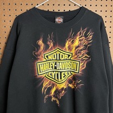 Harley Davidson Sweatshirt Mens XL Black Flames Chrome Logo Biker Crewneck Vtg