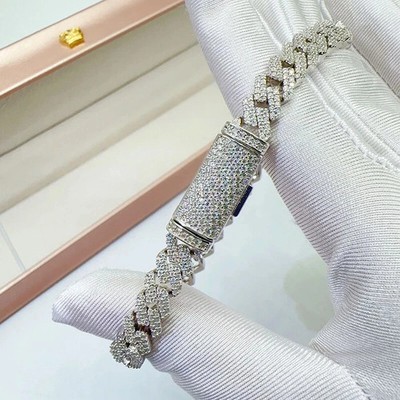 8MM Round Cut Real Moissanite Cuban Link Unisex Bracelet 14K White Gold Plated
