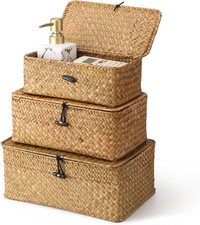 Handwoven Seagrass Storage Baskets with Lids - Set of 3 Decorative Organizers