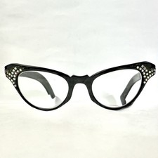 Vintage French Rhinestone Cat Eye Eyeglasses Matte Black Plastic Frame