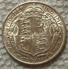 1916 GREAT BRITAIN UK - HALF 1/2 CROWN - GEORGE V - .42 Oz AU / UNC .925 SILVER 1.61 per troy oz