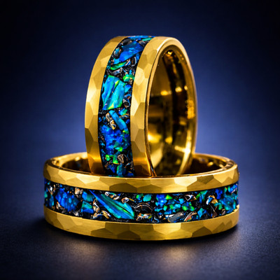 Men s Hammered Gold Tungsten Wedding Band   Green Opal Meteorite Inlay, 8mm Band