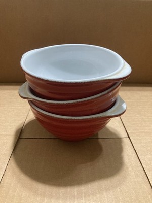 Set of 3 Vintage Emile Henry small bowls Red Ribbed w/Handles *ISSUES*