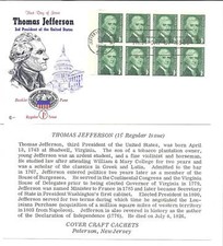 1278a 1c Jefferson Cover Craft Cachets, CCC, U/A Pane of 8,  FDC