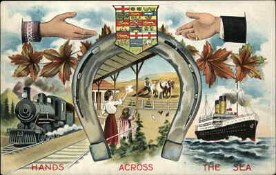 Hands Across The Sea Train Steamship Shield Maple Leaves c1900s-20s Postcard