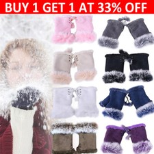 Women Ladies Winter Fingerless Fur Trim Gloves Mittens Soft Warm Faux Fur Lined  