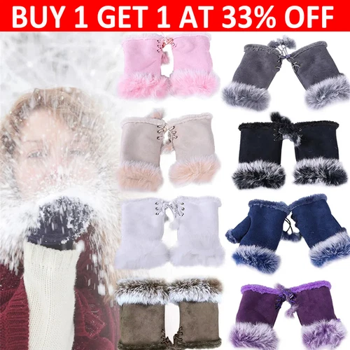 Women Ladies Winter Fingerless Fur Trim Gloves Mittens Soft Warm Faux Fur Lined@ - Picture 1 of 27