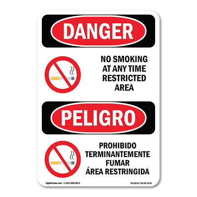No Smoking Restricted Area Bilingual ANSI Danger Sign Metal Plastic Decal