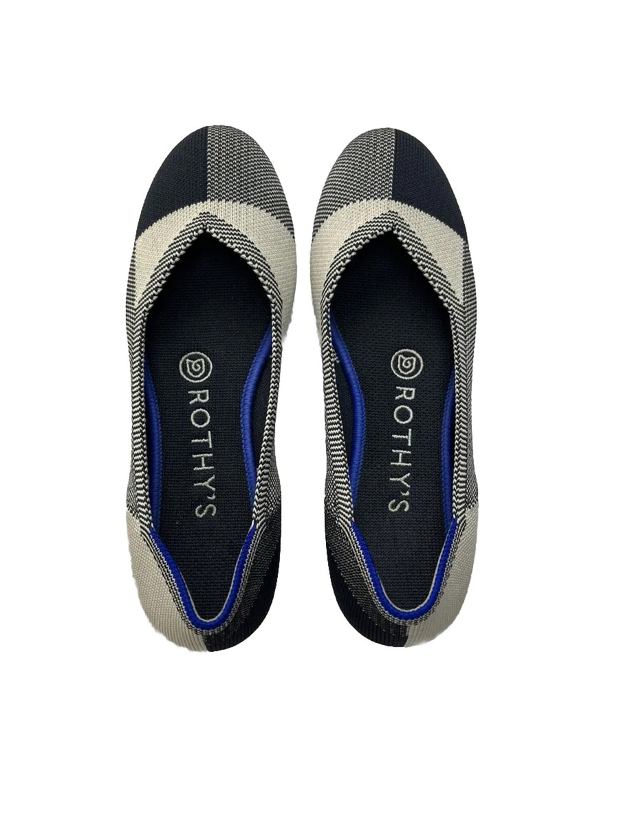 Rothy's Womens Flats Slip On Shoes Navy Blue White Plaid Round Toe Size