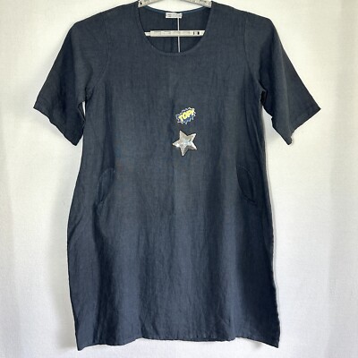 Colette Linen Dress OSFM One Size Blue Made In Italy Pockets Star Oversize New