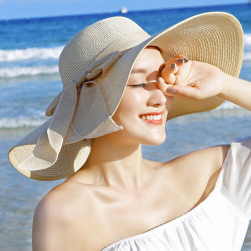 Women UV Protection Summer Sun Hat Wide Brim Big Bowknot Floppy Straw Cap  Beach