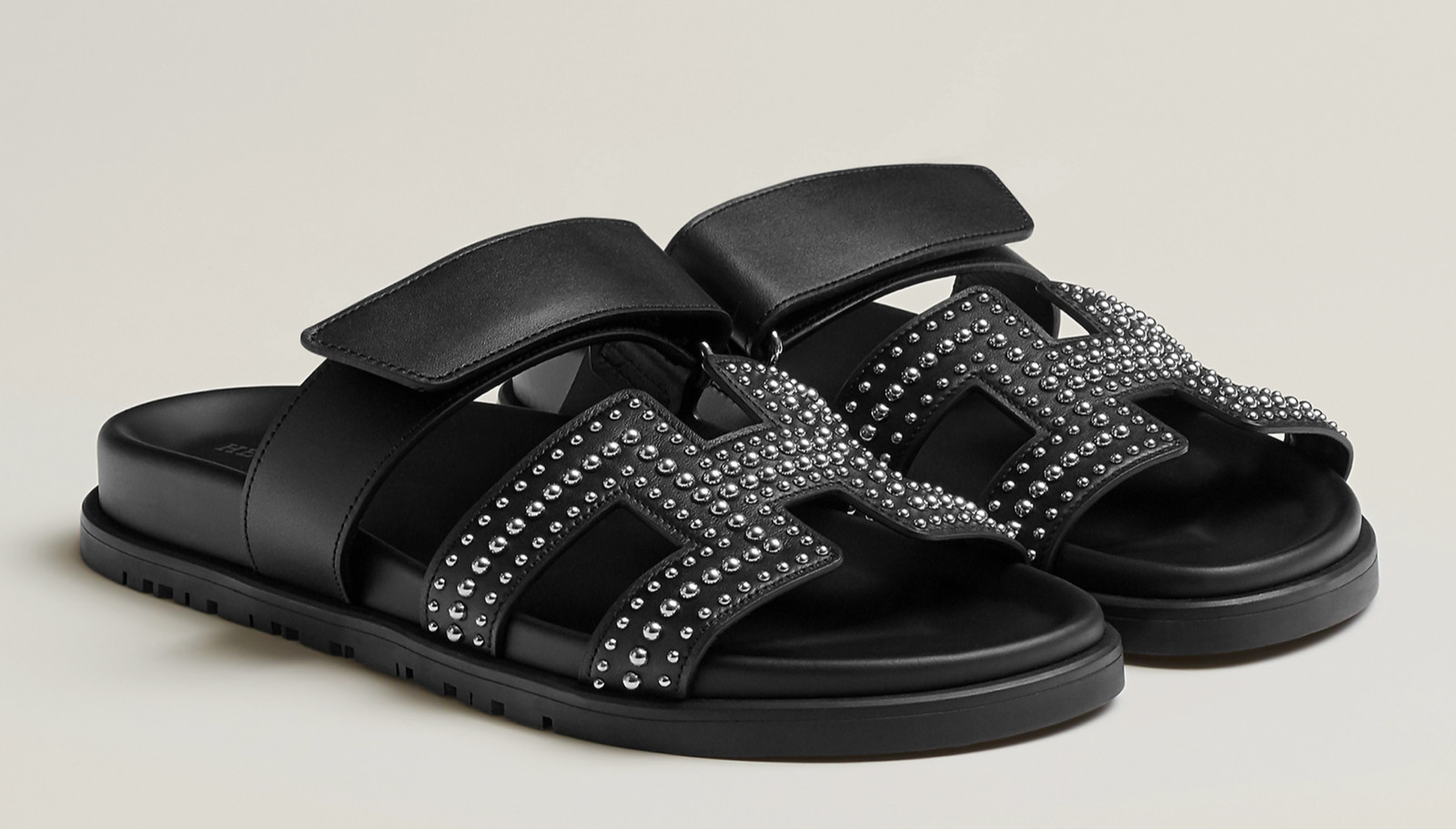Hermes Chypre Sandal Black Silver Studded Stud H Logo Slide Slip On Flat 37.5