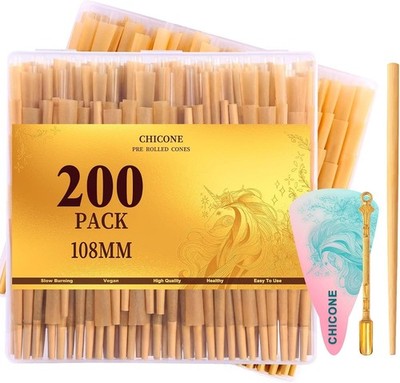 200 Pack Pre Rolled Cones | Natural Slow-Burning Cones Rolling Paper | 108mm Kin