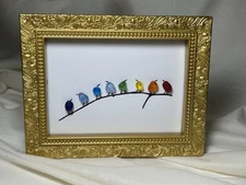Framed Sea Glass Rainbow Birds On A Branch With Gold Frame Wall Art 9x7
