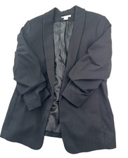 H M Womens Black Open Front Shawl Collar Blazer Jacket Ruched 3/4 Sleeve Sz M