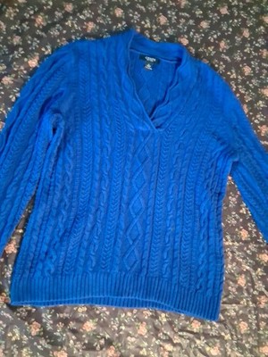 Chaps Blue Solid Cable-Knit V-Neck Long Sleeve Pullover Women Sweater Size L