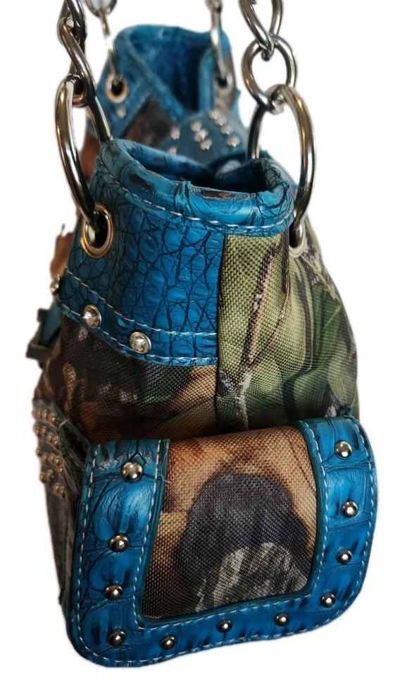 Concealed Carry Handbag Studded Bling Camo, Sky Blue Purse Shoulder Bag Moc Croc - Image 3 of 4