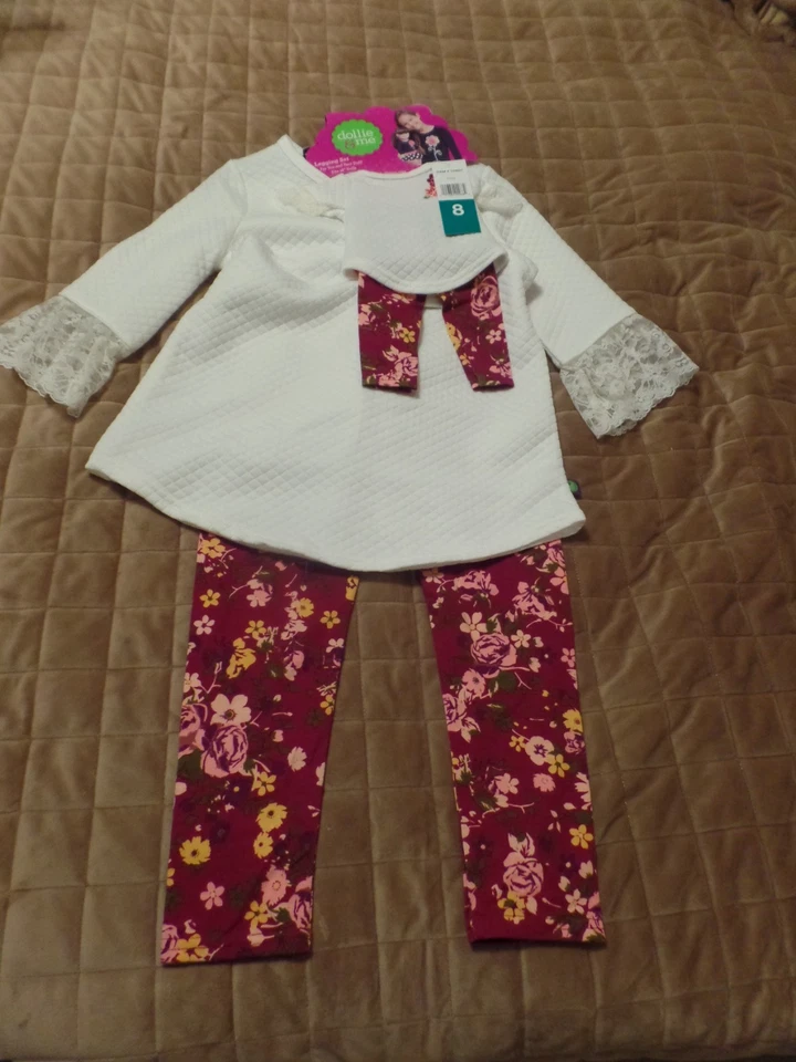 Dollie & Me, 4 Piece Set, Tops/Pants, Ivory/Burgundy Floral, Size:8, New w/Tags - Image 2 of 4