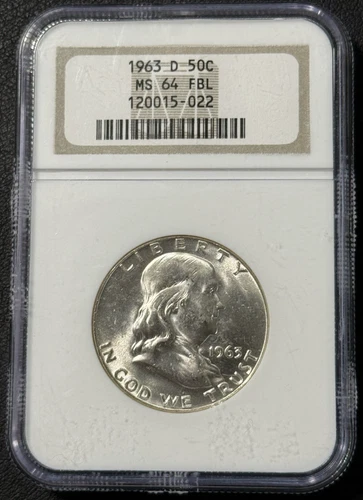Vintage 1963-D 50c (Benjamin) Franklin Silver Half Dollar NGC MS 64 FBL US Coin!