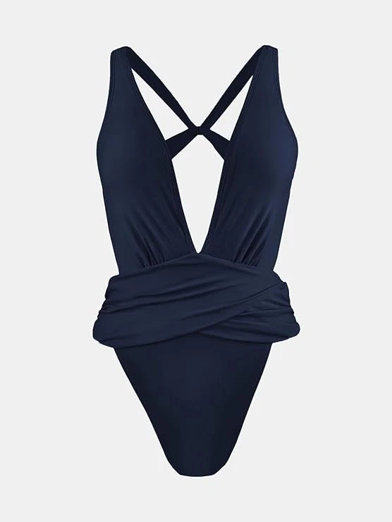 CUPSHE 单件镂空十字背深 V 领褶皱高切海军蓝小号 * 全新带标签 * — 第 4/4 张图片