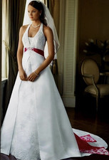 David's Bridal T9218 Size 10 White/Red Halter Sleeveless A-Line Wedding Dress