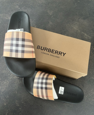 Burberry Herren Badelatschen Slides kariert Schwarz/Beige 42 dm ig.Dani16i7