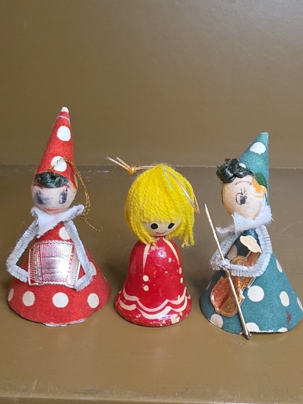 Vtg 50's  Spun cotton 2 Elf Pixies 1 Girl Chenille Paper/Cotton Ornaments Japan