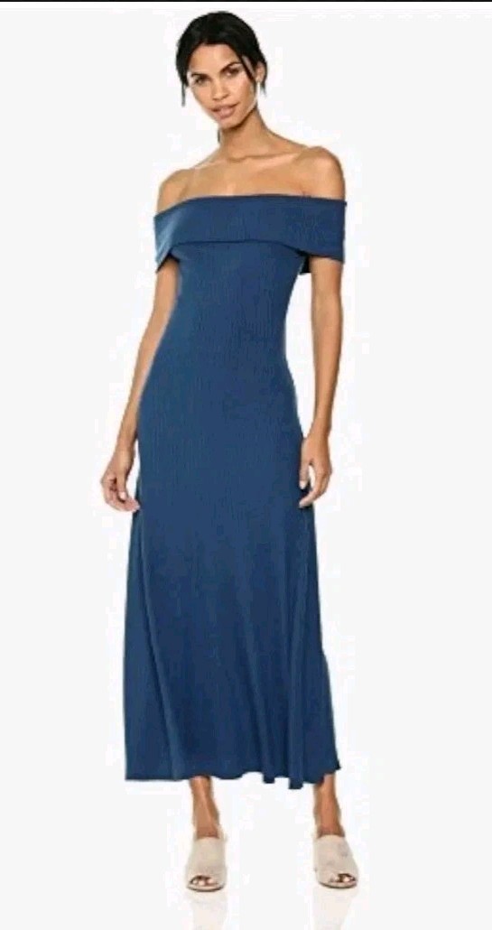 Mara Hoffman Off Shoulder Ribbed Maxi Dress XS Blue Fitted Stretch EUC
