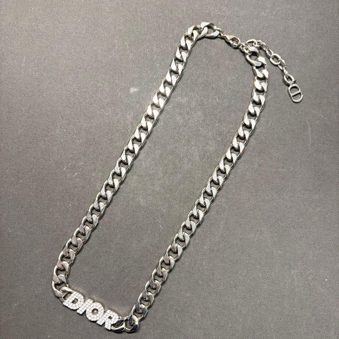 Christian Dior CD Icon Necklace Silver Chain Crystal 48cm Thick